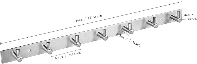 Towel Hook Rack Wall Mounted 17-Inch Coat Hanger with 7 Heavy Duty Hook, Easy to Install Rail for Bedroom, Bathroom, Foyer, Hallway, Garden, Office (304 Stainless Steel Brushed Nickel)