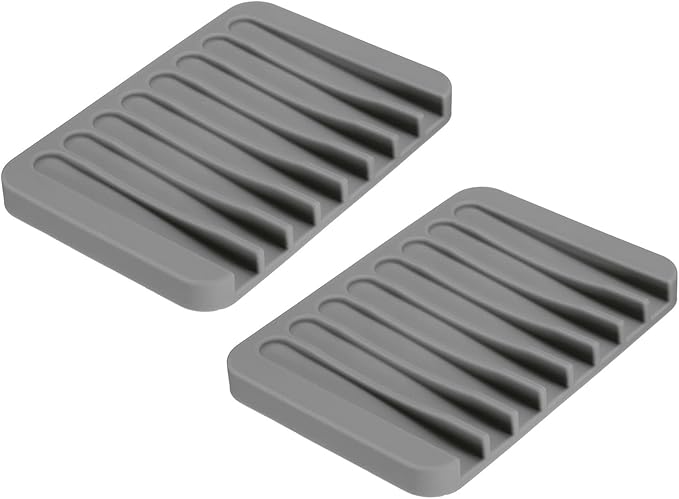 uxcell 2 Pcs Self Draining Silicone Soap Dish, Soap Tray with Drainage for Bathroom Shower Kitchen Sink, 4.5" x 3.1" x 0.4", Light Grey