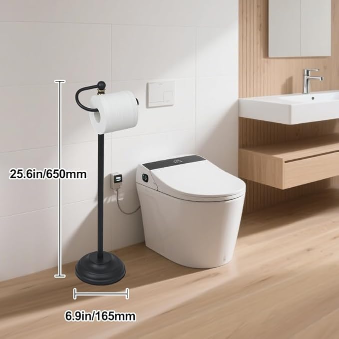 Toilet Paper Holder Stand,Rustproof Toilet Paper Stand,Free Standing Toilet Paper Holder,Weighted Base Toilet Paper Standing Holder Matte Black