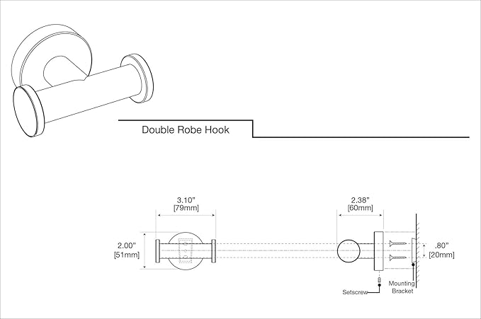 Gatco 4635A Glam Double Robe Hook, Chrome / 3.10"W Wall Mount Double Robe, Towel Hook