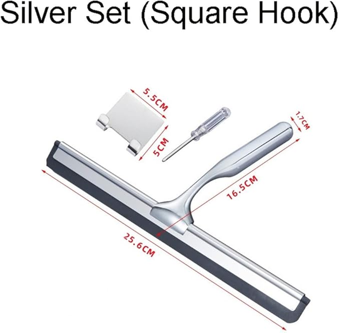 Gold T Design Aluminum Shower Squeegee with Silicone Brush for Bathroom Door Mirror Car Glass with Hook Scraper Cleaner,Silver,25.6 * 16.5cm Hook Type