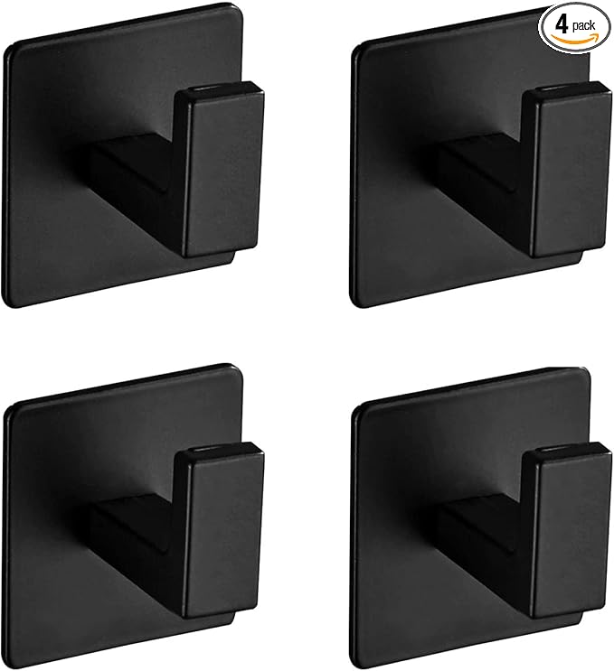 Bath Towel Hook,4 Pack Self Adhesive Square Coat Hooks, Sturdy No Drilling Robe Hook, Heavy Duty Aluminum Clothes Hanger, Wall Hooks for Bathroom Bedroom Kitchen (2 Inch,Black)