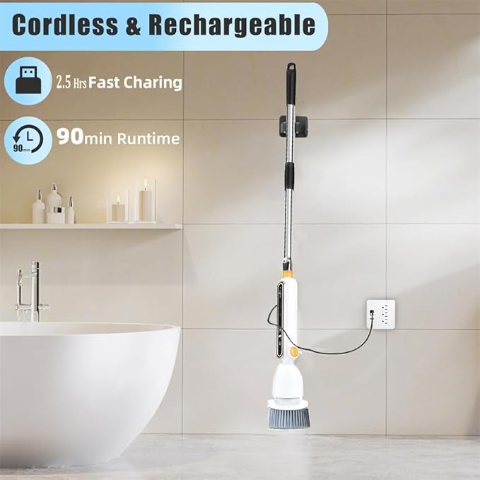 Smart Electric Spin Scrubber PRO| 2025 New Upgraded Quiet Cordless Shower Scrubber with 8 Replaceable Brush Heads|IPX7 Waterproof for Bathroom Tile Grout Kitchen Oven & Floor|Powerful and Efficient