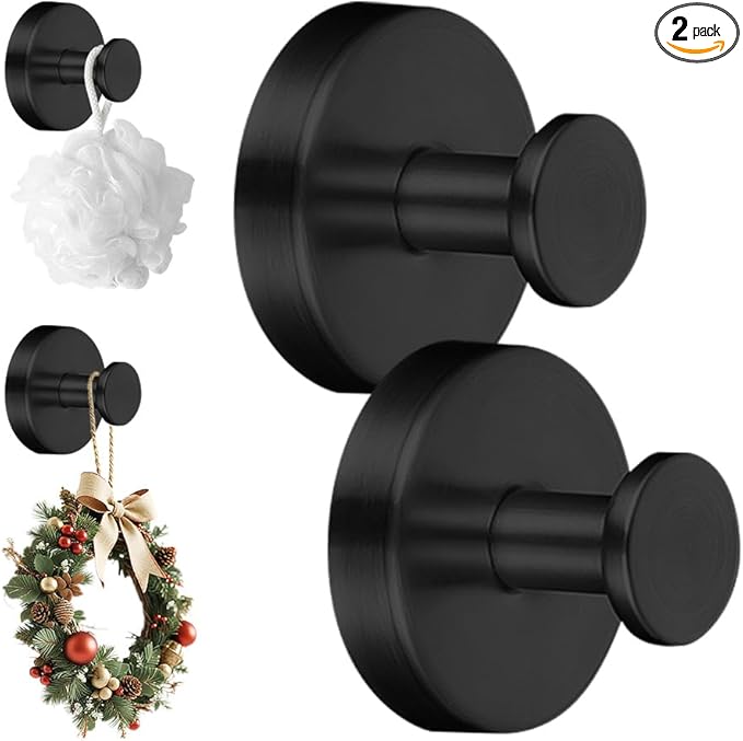 2 Packs Suction Cup Hooks for Wreaths on Glass, Waterproof No-Drill Shower Hooks for Towels, Robes, Coats, Wreaths,Wall Mount Hook for Bathroom, Kitchen and Wreath Hanger for Front Door (2pcs Black)