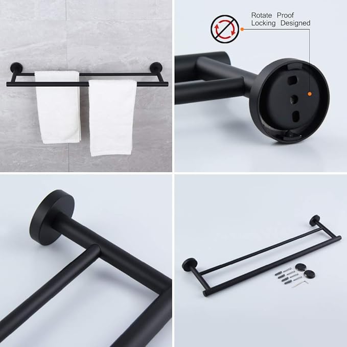 Matte Black Bathroom Accessories Kit 5-Pieces Bathroom Hardware Set Wall Mounted - Includes 24" Double Towel Bar, 12" Hand Towel Bar, Toilet Paper Holder, 2X Robe Towel Hooks …