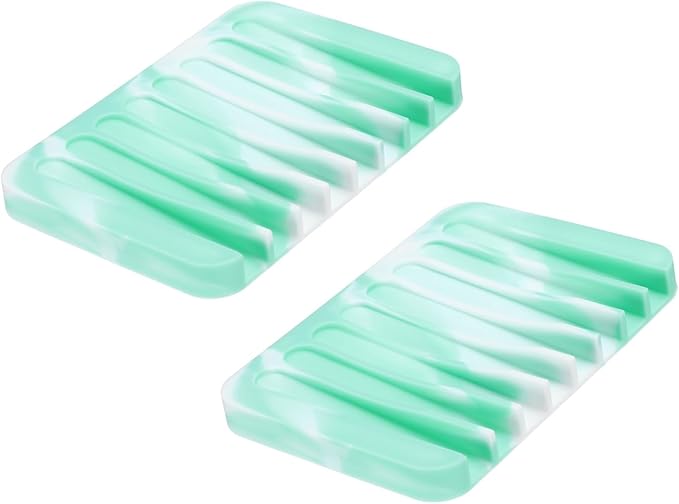 uxcell 2 Pcs Self Draining Silicone Soap Dish, Soap Tray with Drainage for Bathroom Shower Kitchen Sink, 4.5" x 3.1" x 0.4", Green/White