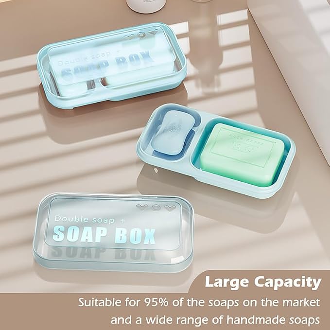 Extra Large Double Soap Dish with Lid, Self Draining Soap Holder and Saver for Bathroom Shower, Soap Box for Bar Soap, Shampoo and Conditioner Bars Drip Tray (Light Blue)