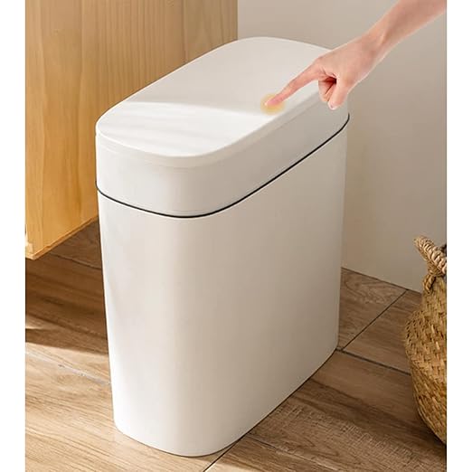 14 Litre Trash Can with Press Top Lid, 3.7 Gallons Plastic Garbage Bin, Slim Wastebasket for Bathroom, Kitchen, Toilet, Office, Room, Bedroom, White lid Without Brush