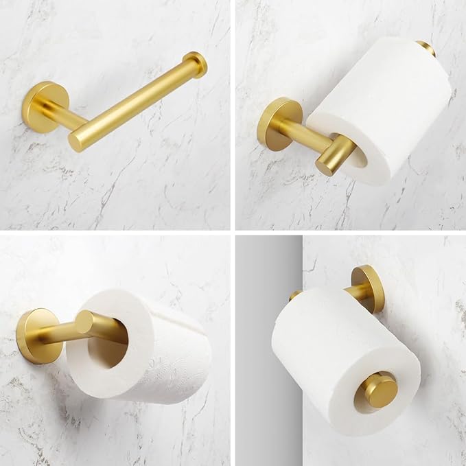 Gold 5-Pieces Bathroom Hardware Set Wall Mounted - Includes 24" Double Towel Bar, 12" Hand Towel Bar, Toilet Paper Holder, 2X Robe Towel Hooks