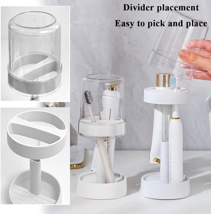 1 Pack Toothbrush Holder Stand with Cover/Cup & 2 Slots, Height Adjustable Electric Toothbrush Holders for Bathrooms, Compatible with Toothpaste, Conventional or Electric Toothbrushes Storage