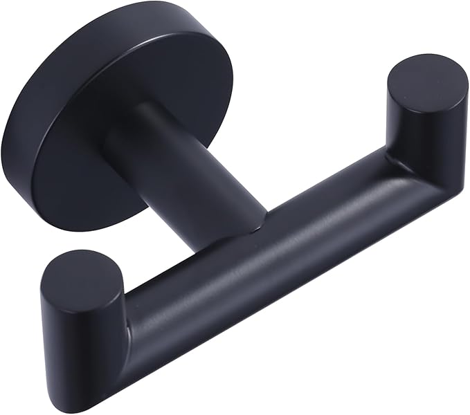 ALEASHA Shower Towel Hook for Bathroom, Stainless Steel Double Towel Hanger, Wall Mount Heavy Duty Bath Robe Hook Holder, Matte Black