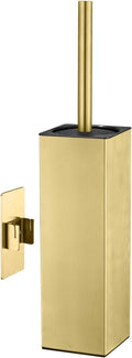 Brushed Gold Stainless Steel Toilet Brush, Square No-Punch Hook Base Toilet Brush Holder Removable Inner Bucket and Splash Proof Cover - Soft Bristles (Non-Drill Square Plastic caps Gold)