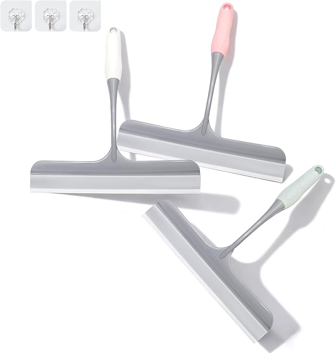 3pcs All-Purpose Safe Shower Squeegee for Glass Doors, with 3 Adhesive Hooks, Sinks and More,Window Cleaning Squeegee Glass Shower Door for Car Window Wiper Mirror Windshield