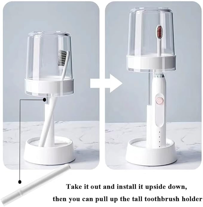 1 Pack Toothbrush Holder Stand with Cover/Cup & 2 Slots, Height Adjustable Electric Toothbrush Holders for Bathrooms, Compatible with Toothpaste, Conventional or Electric Toothbrushes Storage