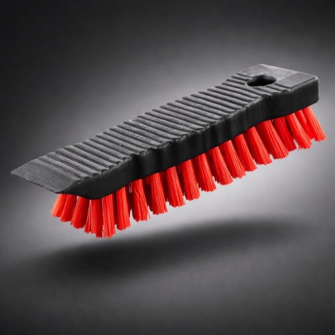 High Power Scrub Brush, 7.5 Inch Handheld Cleaning Brush with Red Stiff Fibers, Black Grip Handle for Kitchen, Bathroom, Tile, Grout, Sink & Shower