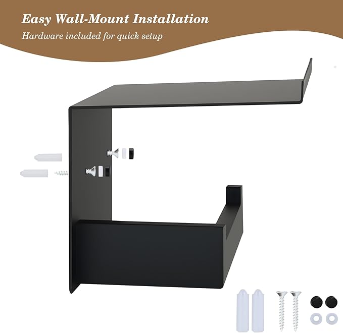 Black Toilet Paper Holder with Shelf, Wall Mount Bathroom Tissue Roll Holder Organizer, Modern Storage Shelf for Phone, Book, Plant, Extra Roll, Matte Black Finish, Easy Install