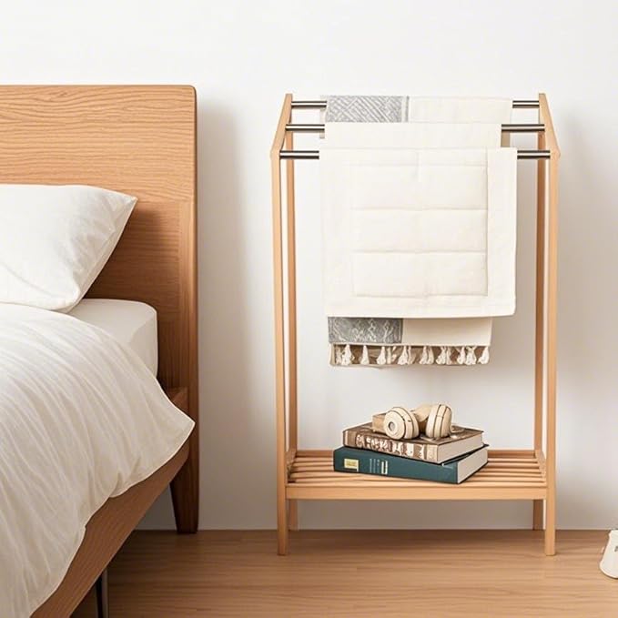 HYNAWIN Free-Standing Towel Rack,3 Tiers Bathroom Towel Drying Rack with Bottom Shelf,Wooden Blanket Holder, Bamboo Multi-Use Organizer for Towels, Blankets, and Slippers