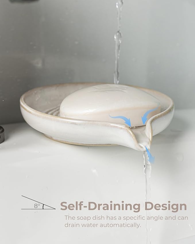 Soap Dish with Drain, Ceramic Soap Holder Self Draining Bar Soap Saver with Waterfall Design for Shower Bathroom Kitchen Sink Bathtub, Beige White