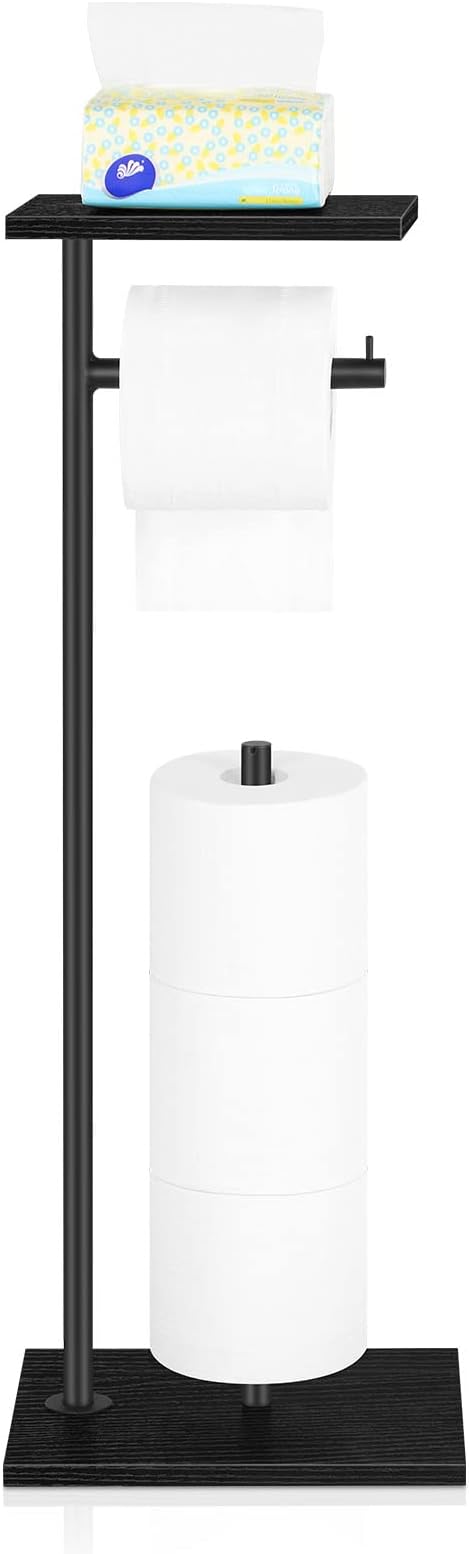 Black Toilet Paper Holder Stand Free Standing Toilet Paper Holder with Shelf Toilet Paper Storage Holder with Reserve for Bathroom Holds Wipe, Mobile Phone, Mega Rolls