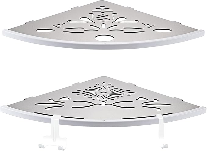 10" Corner Shower Shelves 2pcs Pack with 2 Hooks, 14Guage Thick 304 Stainless Steel Grouted in for Tiled Wall Bathroom Storage, No Drilling Holes Needed