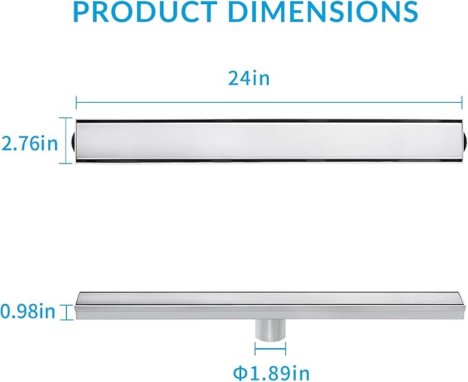 24 Inch Linear Shower Drain Silver Floor Drain for Bathroom Kitchen Rectangular 2 in 1 Floor Drain Tile Insert Cover 304 Stainless Steel Easy Install with Hair Strainer, Adjustable Leveling Feet