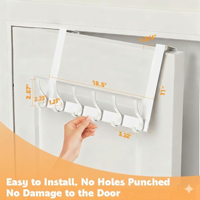 2 Pack Large Over The Door Hooks, Sturdy Door Hanger with 12 Hooks, Door Towel Rack for Bathroom, Bedroom, Kitchen, Coat Rack for Hanging, Easy to Install (White)