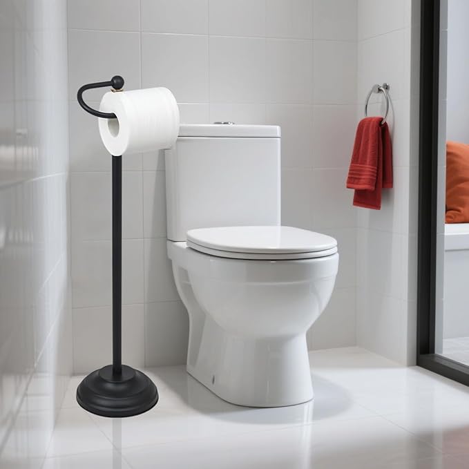 Toilet Paper Holder Stand,Rustproof Toilet Paper Stand,Free Standing Toilet Paper Holder,Weighted Base Toilet Paper Standing Holder Matte Black