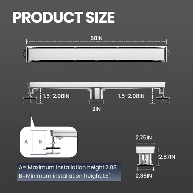 Linear Shower Drain 60 Inch With 2-in-1 Tile Insert Panel, Brushed AISI 304 Stainless Steel for Fast Drainage, Floor Drain for Bathroom, Kitchen, Garage & More