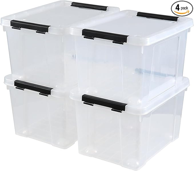 4 Pack 23 L Plastic Storage Bins with Wheels, Clear Storage Latch Box with Lids