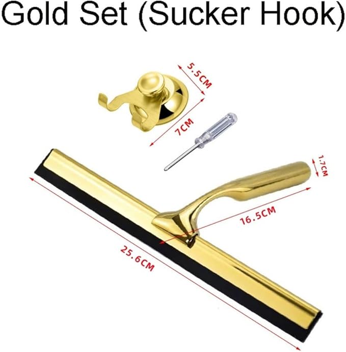 Gold T Design Aluminum Shower Squeegee with Silicone Brush for Bathroom Door Mirror Car Glass with Hook Scraper Cleaner,Gold,25.6 * 16.5cm Suction Cup Type