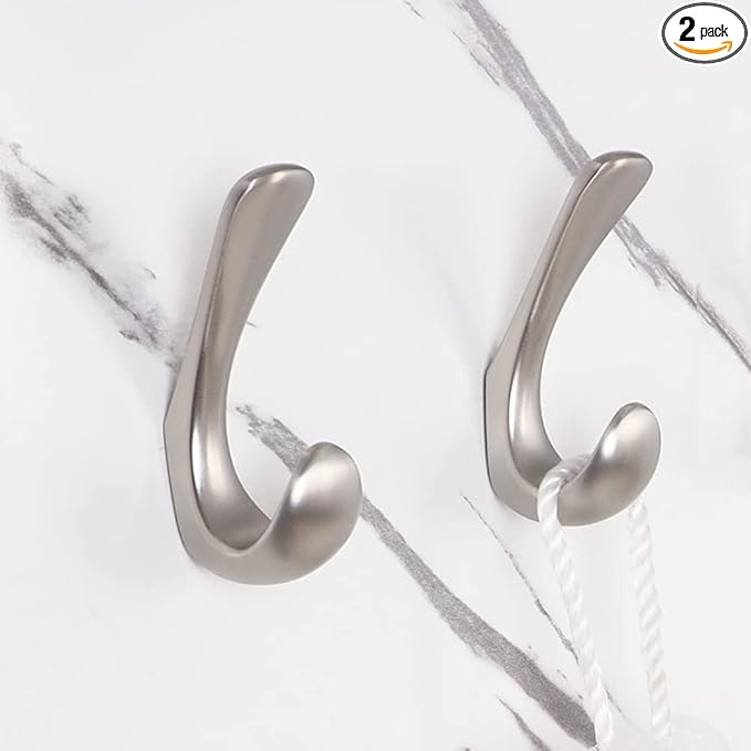 2 Pack Towel Hooks for Bathrooms Wall Mounted, Brushed Nickel Bathroom Hooks for Towels, Robe & Towel Hook for Wall, Modern Bath Towel Hook