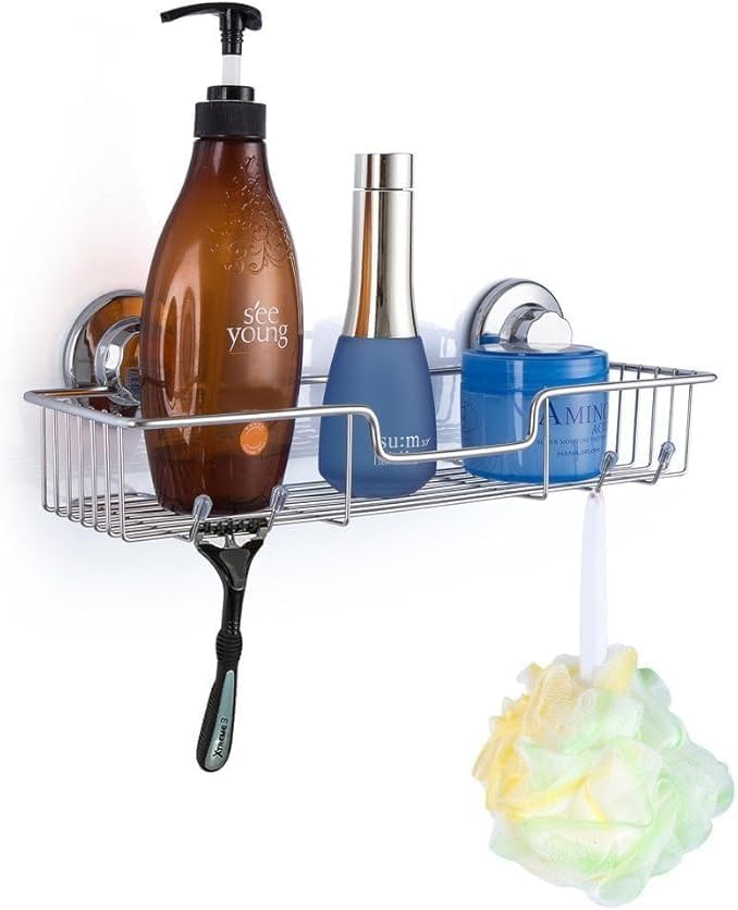 Suction Cups Compact Shower Caddy Bath Shelf with Hooks, Rustproof Stainless Steel Rectangle Storage Basket for Bathroom Kitchen Organizer, 2 Pack