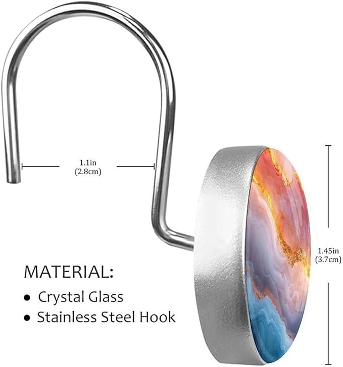 Multicolor Marble Decorative Shower Curtain Hooks,12 Pcs Rust Proof Glass Surface Stainless Steel Curtain Rings for Bathroom Bedroom Living Room Shower Rods Decor