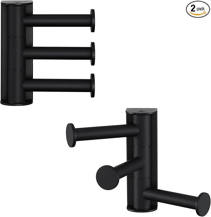 APLusee Swivel Towel Hook for Bathroom 2 Pack, 304 Stainless Steel Matte Black Swivel Coat Hook with 3 Rotating Arms, Flexible Kitchen Towel Hanger Wall Mounted