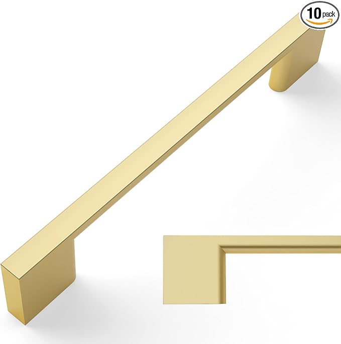 Amerdeco 10 Pack Brushed Gold Cabinet Pulls 5 Inch(128MM) Hole Centers Kitchen Cabinet Handles Cabinet Hardware Zinc Pull Handle Easy to Install ZH0060