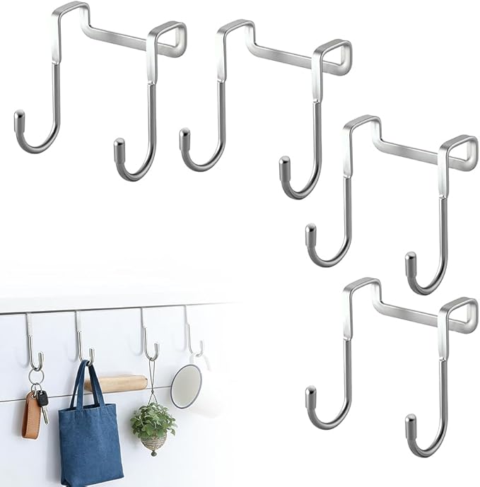 Over Door Towel Rack, Heavy Duty Door Hooks for Hanging, Stainless Steel Double Hanger for Kitchen Bathroom, Removable Wardrobe Door Hook for Dorm Room, Space Saving Cabinet Door Hanger (4PCS)