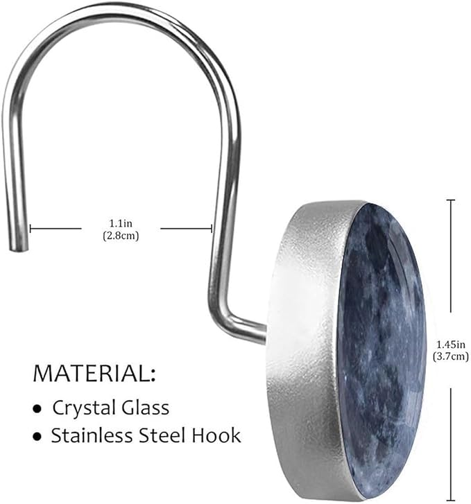 12 Pcs Moon Shower Curtain Hooks, Rust Proof Glass Surface Stainless Steel Curtain Rings for Bathroom Bedroom Living Room Kitchen Home Shower Rods Decor