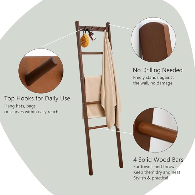 Beech Wood Blanket Ladder, 5.3ft Natural Farmhouse Quilt Holder with Top Hooks, 4-Bar Decorative Throw Rack, Towel Shelf for Living Room, Bedroom, Small Space Storage (Walunt)
