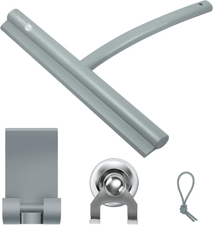 9 Inch Rounded Shower Squeegee with Hook & Suction Cup | Stainless Steel Core Silicone Wiper for Glass, Ceramic Doors & Windows - Grey Multi-Use Tool