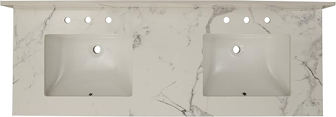 MSI Calacatta Nowy Vanity Top with Under Mount Rectangle Double Bowl Ceramic Sinks, Engineered Marble Stone, 4" CC Faucet Holes, 61"X22"