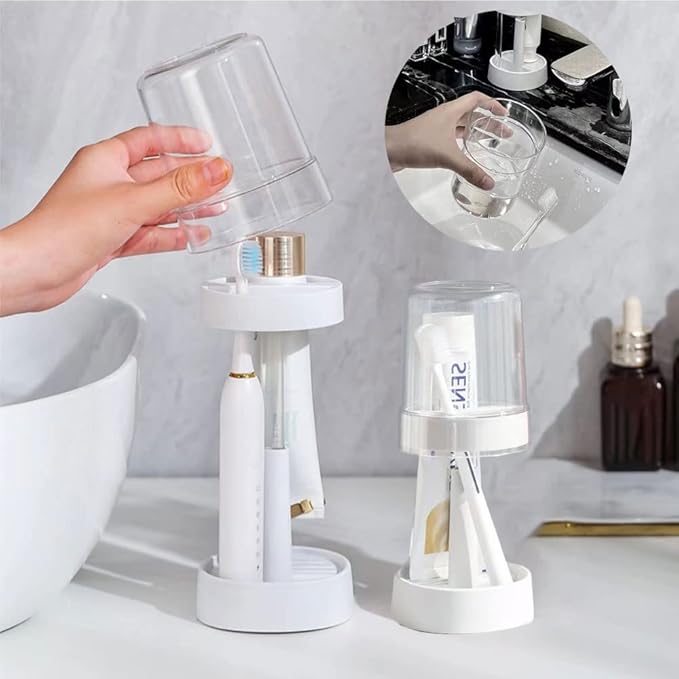 1 Pack Toothbrush Holder Stand with Cover/Cup & 2 Slots, Height Adjustable Electric Toothbrush Holders for Bathrooms, Compatible with Toothpaste, Conventional or Electric Toothbrushes Storage