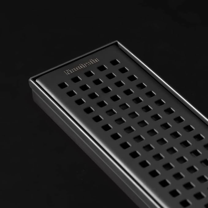 Neodrain 24-Inch Black Linear Shower Drain with Removable Quadrato Pattern Grate, 304 Stainless Steel Rectangle Shower Floor Drain, Linear Drain with Leveling Feet, Hair Strainer, Matte Black