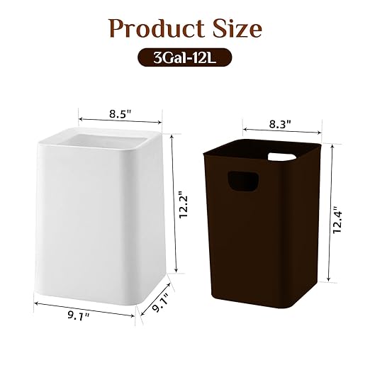 2 Pack Square Modern Trash Can Bedroom, 3Gal/12L Bathroom Trash Can Hidden Bag, Open Top Trash Bin Square Plastic, Minimalist White Garbage Can with Inner Bucket (with 2 Handles) for Kitchen Office