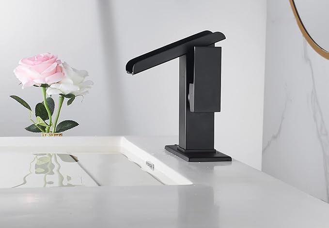 Bathroom Sink Led Faucet Waterfall Spout Black RGB 3 Colors Changing Temperature Lavatory Vanity Sink Faucet One Hole Handle Modern Washbasin Tap with Lights Deck Mount Commercial