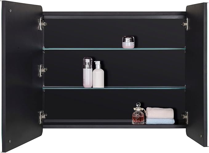 Lighted Bathroom Medicine Cabinet with Round Corner Framed Mirror Door 30 x 25.6 inch, Recessed or Surface Mount, with Adjustable Glass Shelves