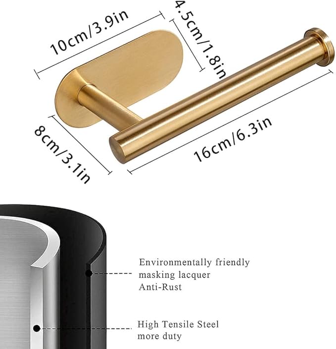 2 Pack Toilet Paper Holder Self Adhesive,Rustproof Adhesive Toilet Roll Holder No Drilling Tissue Holder for Kitchen Bathroom Tissue Holder Bathroom, Kitchen, Washroom Wall Mount (Gold)