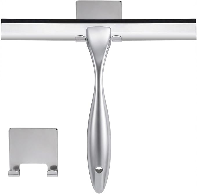 NETANY Shower Squeegee, 10-Inch Silver Squeegee, All-Purpose Stainless Steel Squeegee for Bathroom, Shower Doors, Mirrors, Tiles and Car Windows - 100% Streak Free