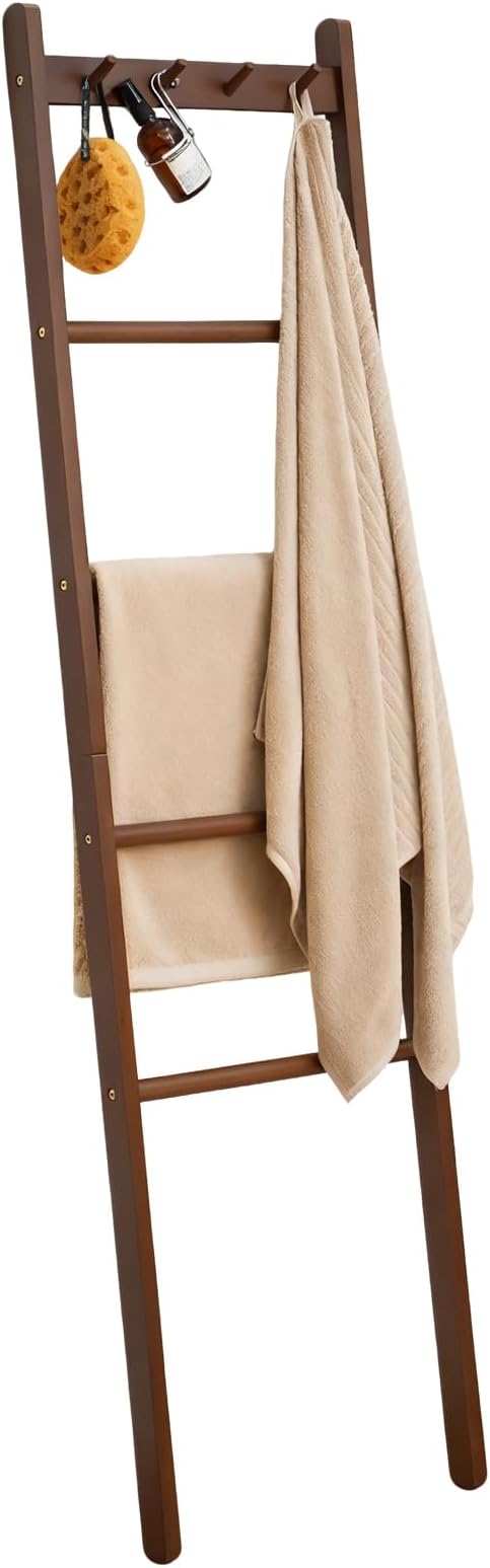 Beech Wood Blanket Ladder, 5.3ft Natural Farmhouse Quilt Holder with Top Hooks, 4-Bar Decorative Throw Rack, Towel Shelf for Living Room, Bedroom, Small Space Storage (Walunt)