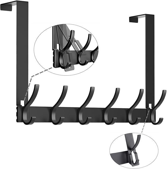 2 Pack Over The Door Hooks - NO NAIL over door hanger holder,NO ASSEMBLY REQUIRED large over the door towel rack with 12 hooks, heavy duty hooks for bathroom,bedroom,hanging towels,coats (Black)