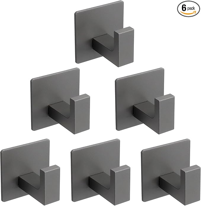 Bath Towel Hooks, 6 Pack Self Adhesive Square Coat Hooks, Sturdy No Drilling Robe Hook, Heavy Duty Aluminum Clothes Hanger, Wall Hooks for Bathroom Bedroom Kitchen (2 in, Grey)